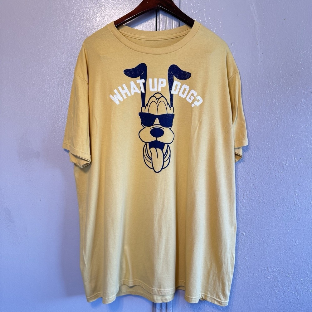 Disney Pluto T Shirt Mens XXL Mustard "What Up Dog" Graphic Tee Short Sleeve